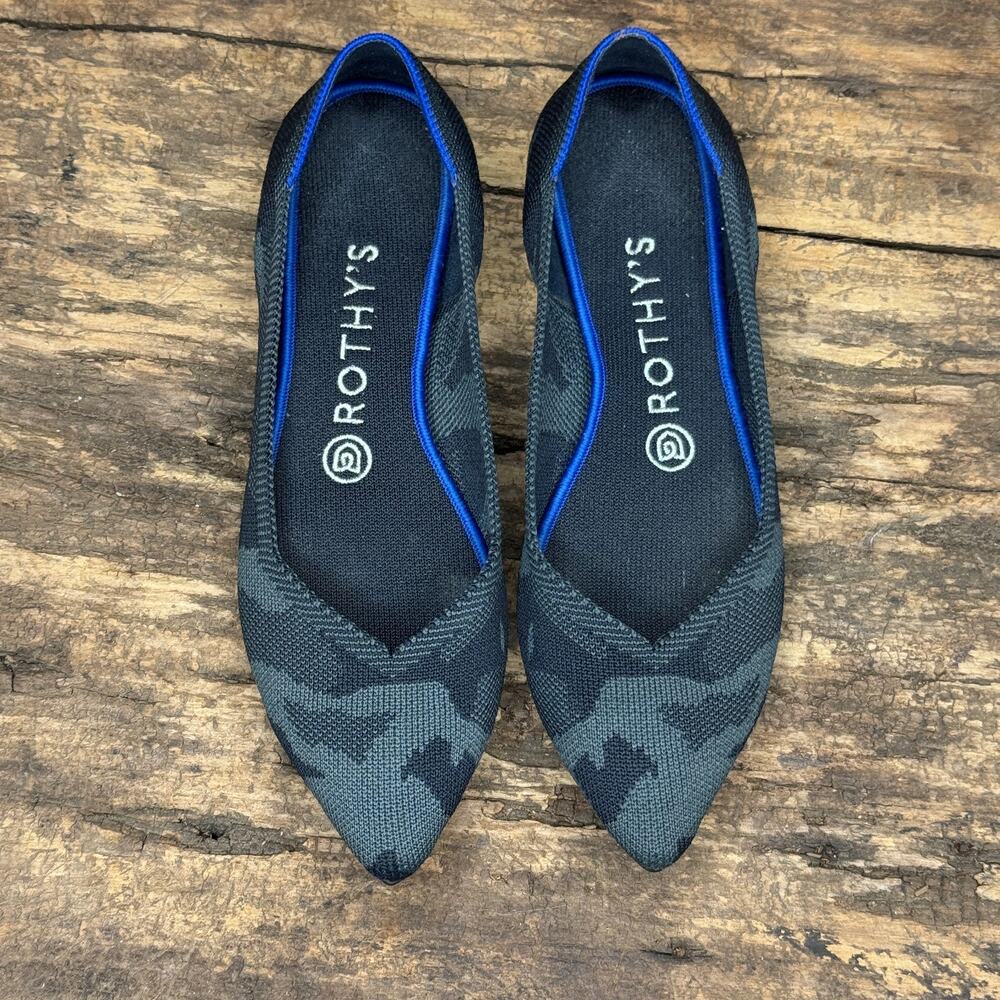 Rothy’s The Point Flats Women’s 8 Black Camo Knit Washable Eco Friendly Shoes